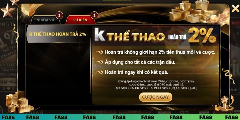 K thể thao hoàn trả 2% không giới hạn tại FA88